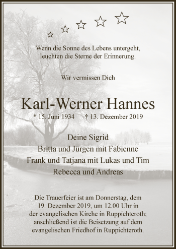 Anzeige von Karl-Werner Hannes von  Lokalanzeiger 