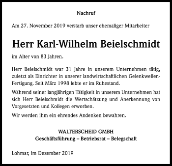 Anzeige von Karl-Wilhelm Beielschmidt von Kölner Stadt-Anzeiger / Kölnische Rundschau / Express
