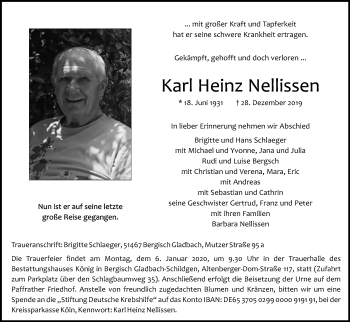 Anzeige von Karl Heinz Nellissen von Kölner Stadt-Anzeiger / Kölnische Rundschau / Express