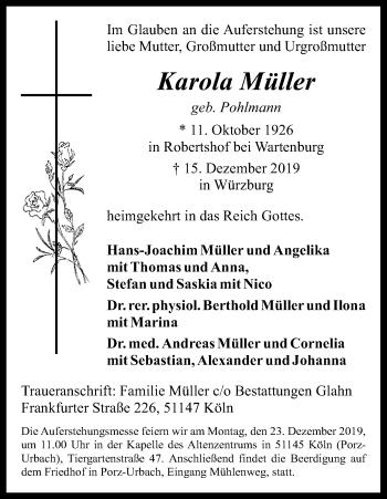 Anzeige von Karola Müller von Kölner Stadt-Anzeiger / Kölnische Rundschau / Express