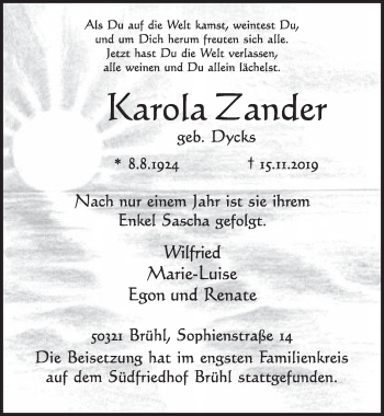 Anzeige von Karola Zander von  Schlossbote/Werbekurier 