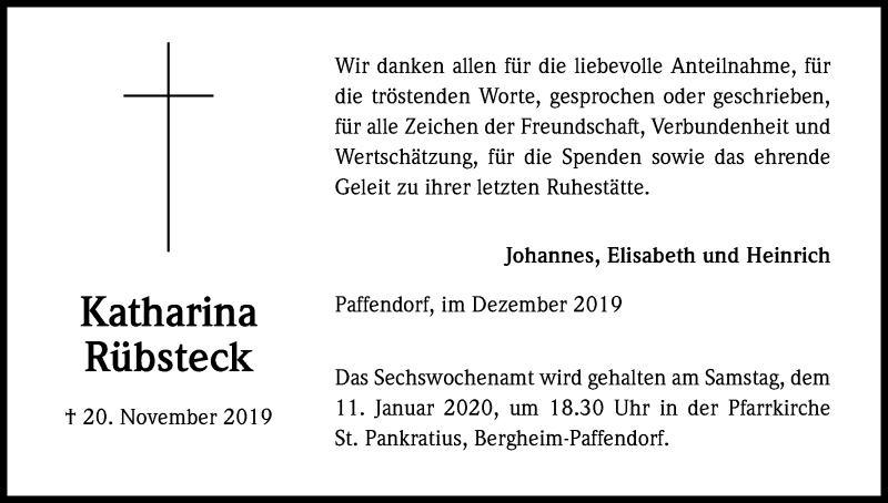  Traueranzeige für Katharina Rübsteck vom 31.12.2019 aus Kölner Stadt-Anzeiger / Kölnische Rundschau / Express