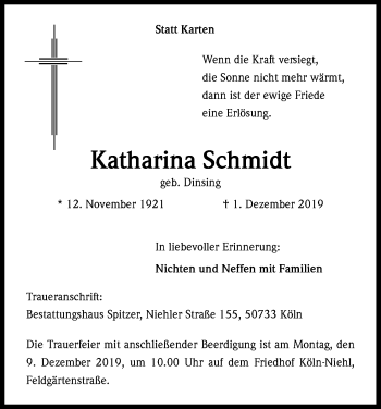 Anzeige von Katharina Schmidt von Kölner Stadt-Anzeiger / Kölnische Rundschau / Express