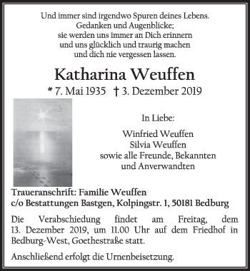 Anzeige von Katharina Weuffen von  Sonntags-Post 