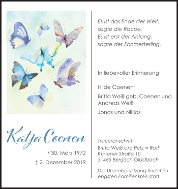 Anzeige von Katja Coenen von Kölner Stadt-Anzeiger / Kölnische Rundschau / Express