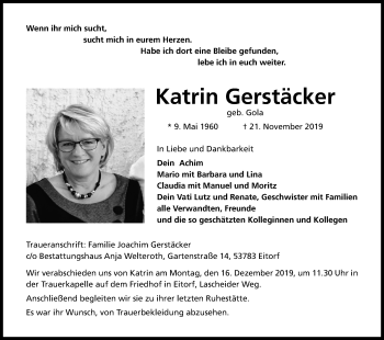 Anzeige von Katrin Gerstäcker von Kölner Stadt-Anzeiger / Kölnische Rundschau / Express