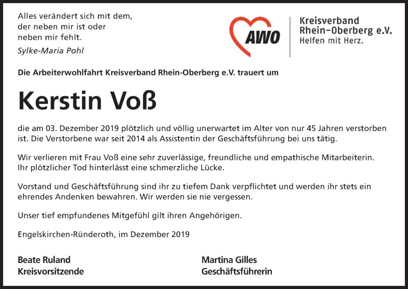  Traueranzeige für Kerstin Voß vom 12.12.2019 aus Kölner Stadt-Anzeiger / Kölnische Rundschau / Express