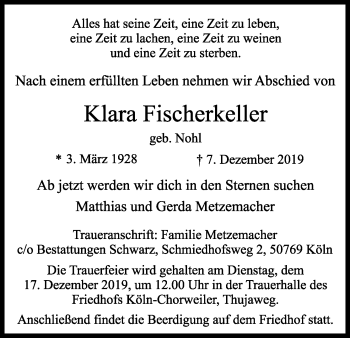 Anzeige von Klara Fischerkeller von Kölner Stadt-Anzeiger / Kölnische Rundschau / Express