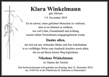 Anzeige von Klara Winkelmann von  Sonntags-Post 
