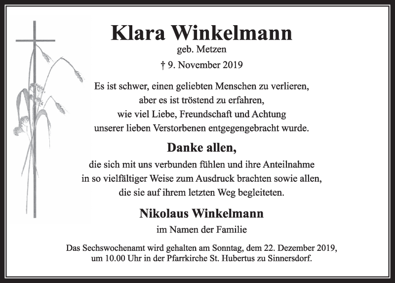  Traueranzeige für Klara Winkelmann vom 14.12.2019 aus  Sonntags-Post 