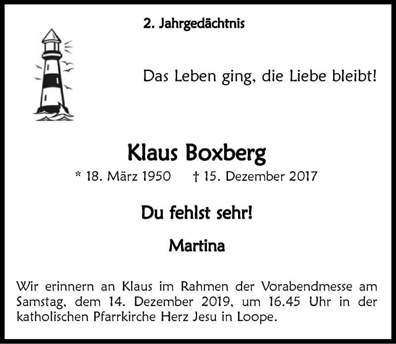  Traueranzeige für Klaus Boxberg vom 11.12.2019 aus  Anzeigen Echo 