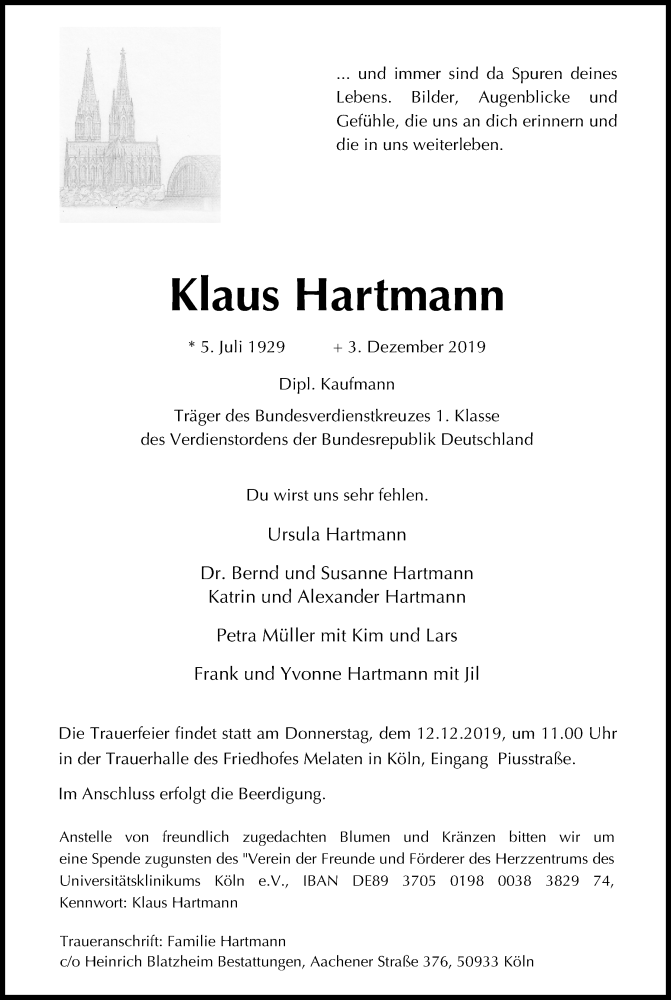  Traueranzeige für Klaus Hartmann vom 07.12.2019 aus Kölner Stadt-Anzeiger / Kölnische Rundschau / Express