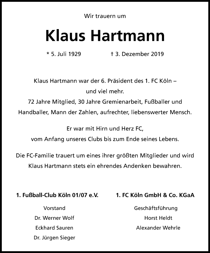  Traueranzeige für Klaus Hartmann vom 07.12.2019 aus Kölner Stadt-Anzeiger / Kölnische Rundschau / Express