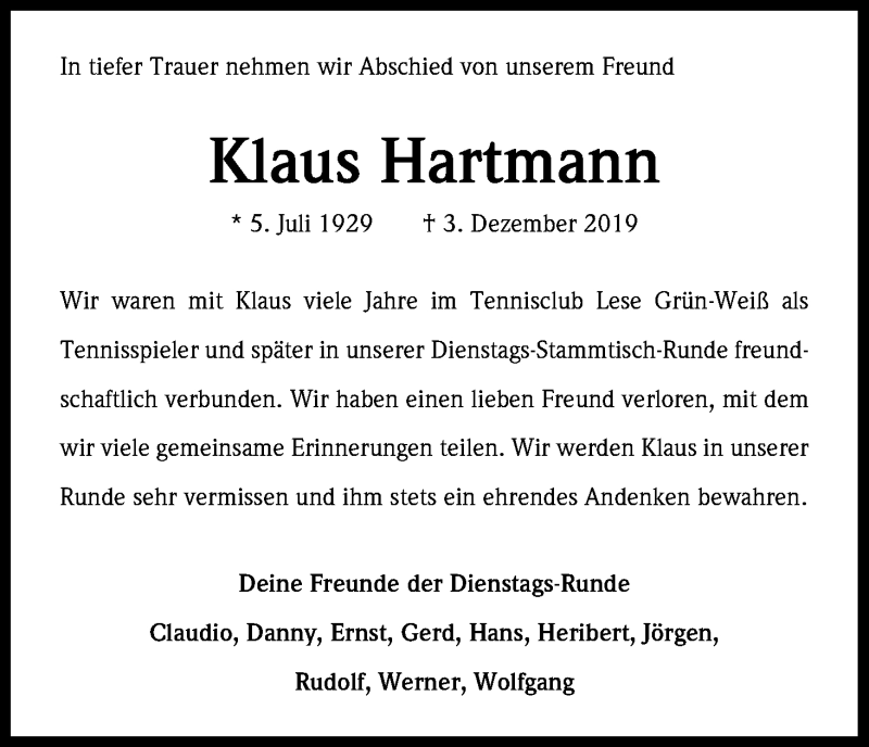  Traueranzeige für Klaus Hartmann vom 07.12.2019 aus Kölner Stadt-Anzeiger / Kölnische Rundschau / Express