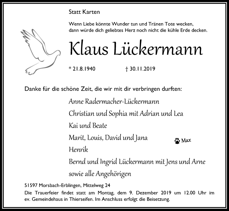  Traueranzeige für Klaus Lückermann vom 03.12.2019 aus Kölner Stadt-Anzeiger / Kölnische Rundschau / Express