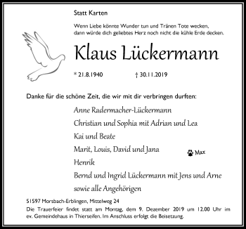 Anzeige von Klaus Lückermann von  Lokalanzeiger 