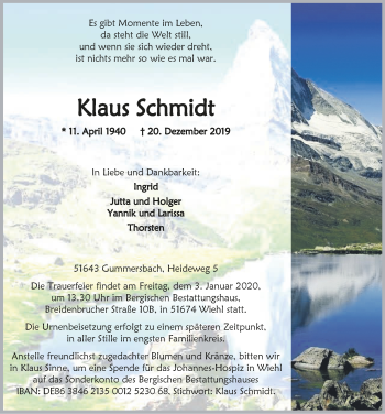 Anzeige von Klaus Schmidt von  Anzeigen Echo 