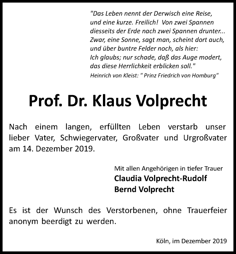  Traueranzeige für Klaus Volprecht vom 28.12.2019 aus Kölner Stadt-Anzeiger / Kölnische Rundschau / Express