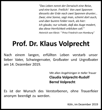 Anzeige von Klaus Volprecht von Kölner Stadt-Anzeiger / Kölnische Rundschau / Express
