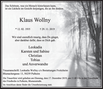 Anzeige von Klaus Wollny von  Sonntags-Post 