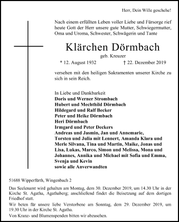Anzeige von Klärchen Dörmbach von Kölner Stadt-Anzeiger / Kölnische Rundschau / Express