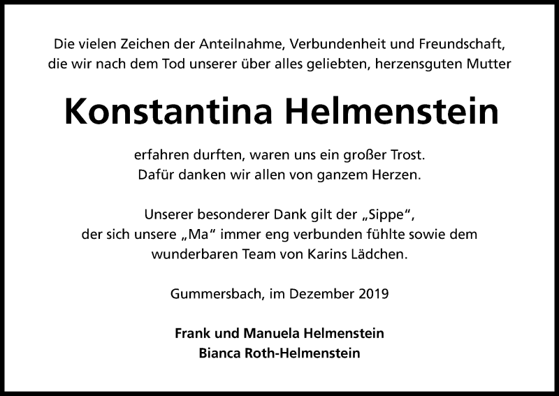  Traueranzeige für Konstantina Helmenstein vom 21.12.2019 aus Kölner Stadt-Anzeiger / Kölnische Rundschau / Express