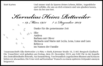 Anzeige von Kornelius Heinz Rettweiler von Kölner Stadt-Anzeiger / Kölnische Rundschau / Express