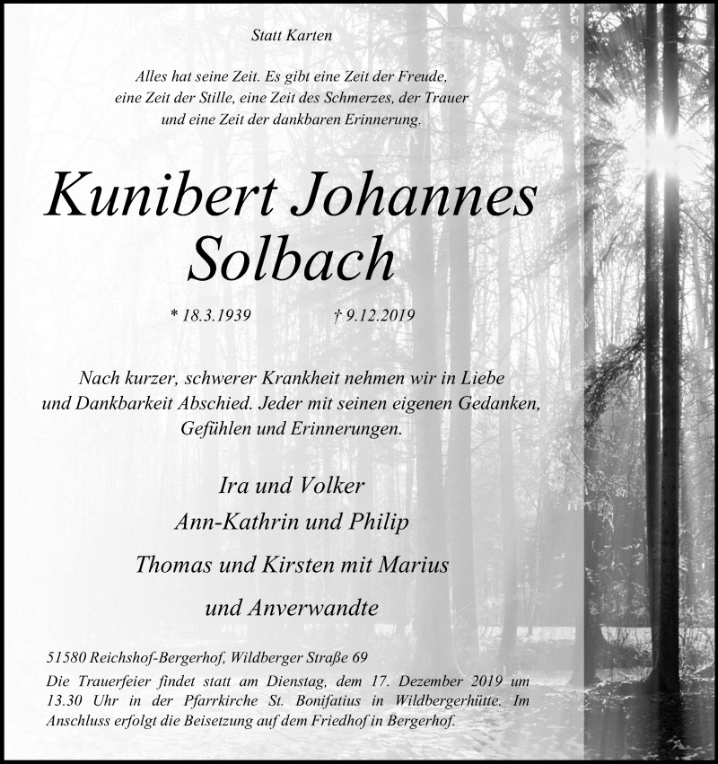  Traueranzeige für Kunibert Johannes Solbach vom 12.12.2019 aus Kölner Stadt-Anzeiger / Kölnische Rundschau / Express