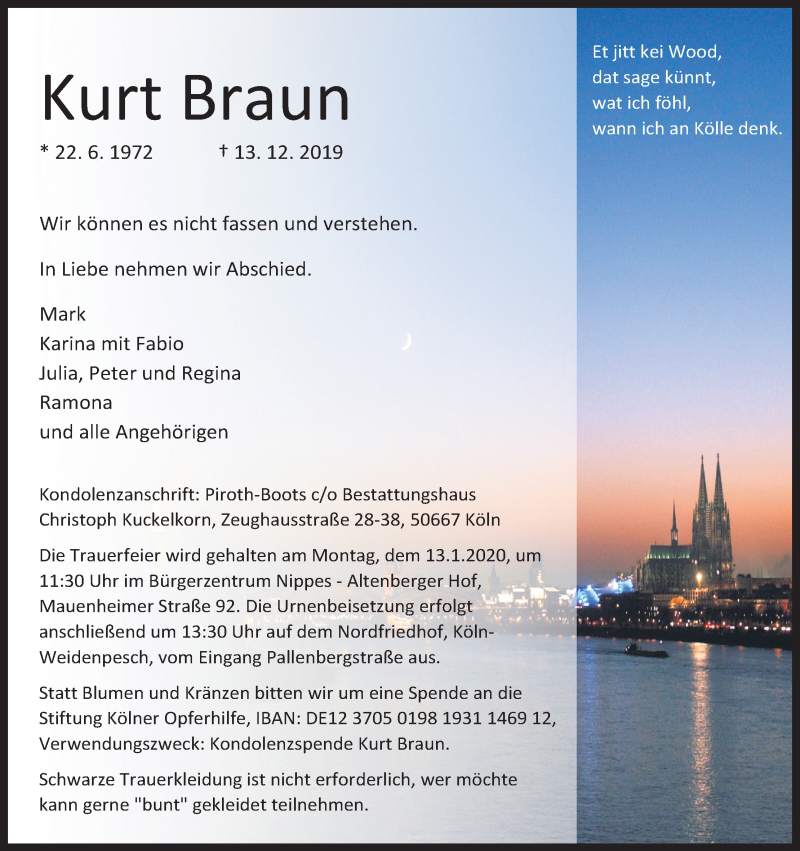  Traueranzeige für Kurt Braun vom 28.12.2019 aus Kölner Stadt-Anzeiger / Kölnische Rundschau / Express