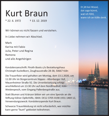 Anzeige von Kurt Braun von Kölner Stadt-Anzeiger / Kölnische Rundschau / Express