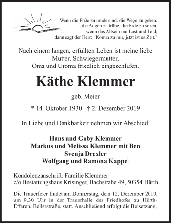 Anzeige von Käthe Klemmer von  Wochenende 