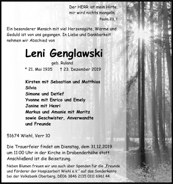 Anzeige von Leni Genglawski von Kölner Stadt-Anzeiger / Kölnische Rundschau / Express