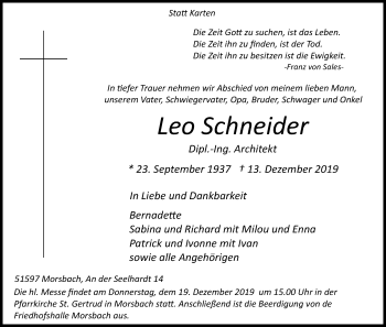 Anzeige von Leo Schneider von Kölner Stadt-Anzeiger / Kölnische Rundschau / Express