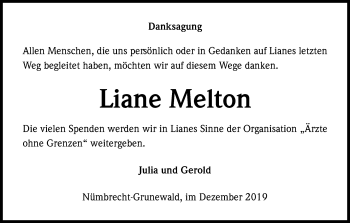 Anzeige von Liane Melton von Kölner Stadt-Anzeiger / Kölnische Rundschau / Express
