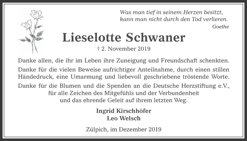  Traueranzeige für Lieselotte Schwaner vom 11.12.2019 aus  Werbepost 