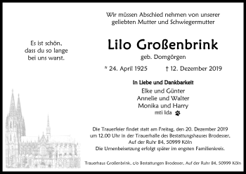 Anzeige von Lilo Großenbrink von Kölner Stadt-Anzeiger / Kölnische Rundschau / Express