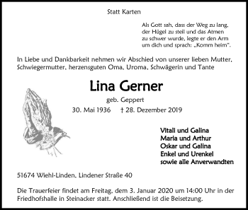 Anzeige von Lina Gerner von Kölner Stadt-Anzeiger / Kölnische Rundschau / Express