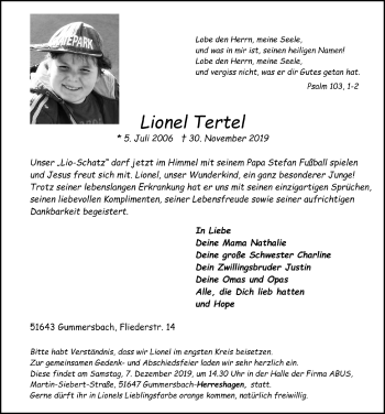 Anzeige von Lionel Tertel von  Anzeigen Echo 