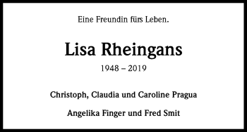 Anzeige von Lisa Rheingans von Kölner Stadt-Anzeiger / Kölnische Rundschau / Express