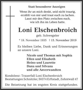 Anzeige von Loni Elschenbroich von  Werbepost 
