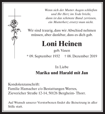Anzeige von Loni Heinen von  Werbepost 