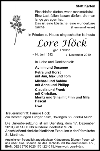 Anzeige von Lore Höck von Kölner Stadt-Anzeiger / Kölnische Rundschau / Express