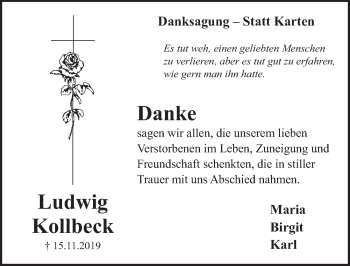 Anzeige von Ludwig Kollbeck von  Schlossbote/Werbekurier 