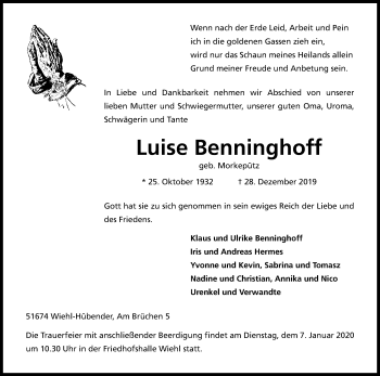 Anzeige von Luise Benninghoff von Kölner Stadt-Anzeiger / Kölnische Rundschau / Express