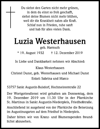 Anzeige von Luzia Westerhausen von Kölner Stadt-Anzeiger / Kölnische Rundschau / Express