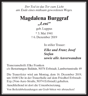 Anzeige von Magdalena Burggraf von  Blickpunkt Euskirchen 