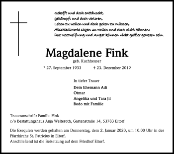 Anzeige von Magdalene Fink von Kölner Stadt-Anzeiger / Kölnische Rundschau / Express