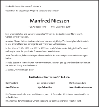 Anzeige von Manfred Niessen von  Blickpunkt Euskirchen 