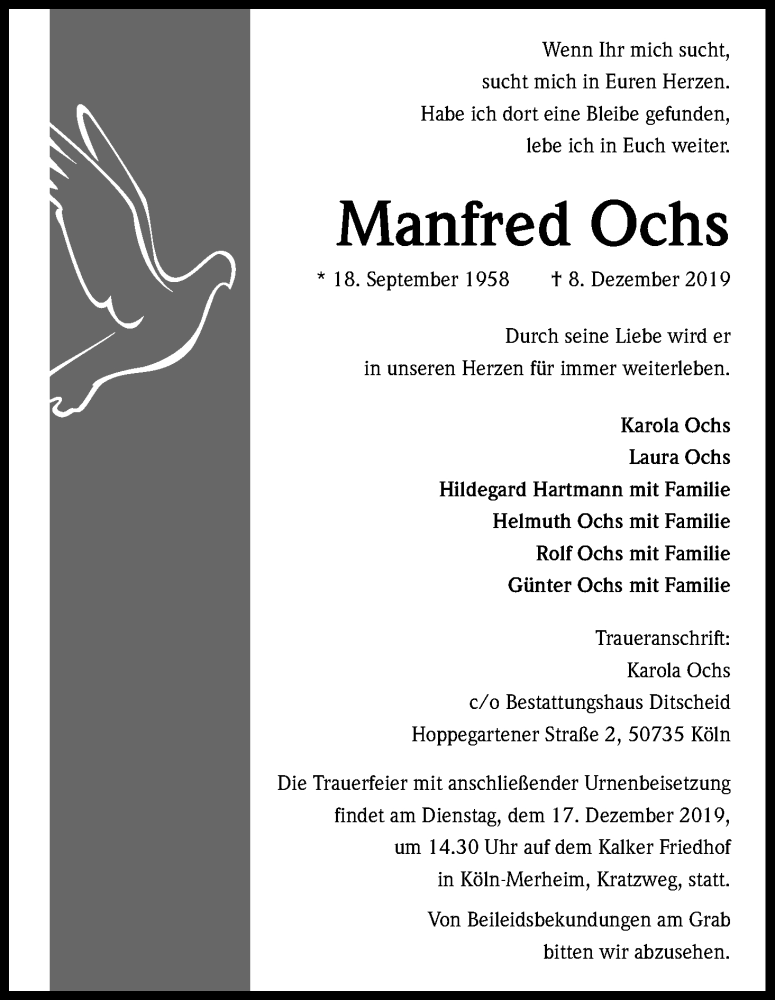  Traueranzeige für Manfred Ochs vom 14.12.2019 aus Kölner Stadt-Anzeiger / Kölnische Rundschau / Express