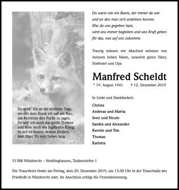 Anzeige von Manfred Scheldt von Kölner Stadt-Anzeiger / Kölnische Rundschau / Express